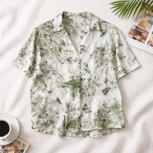 Hester & Orchard Linen Blend Botanical Butterfly Print Blouse Large